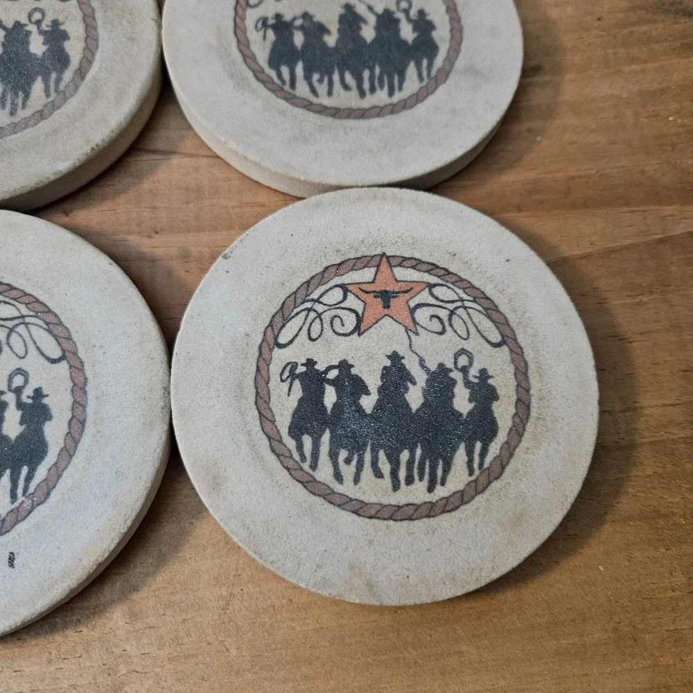 Western Cowboy Coasters Set of 4 Cork Back Rustic Rodeo Horse Silhouette Stone‎